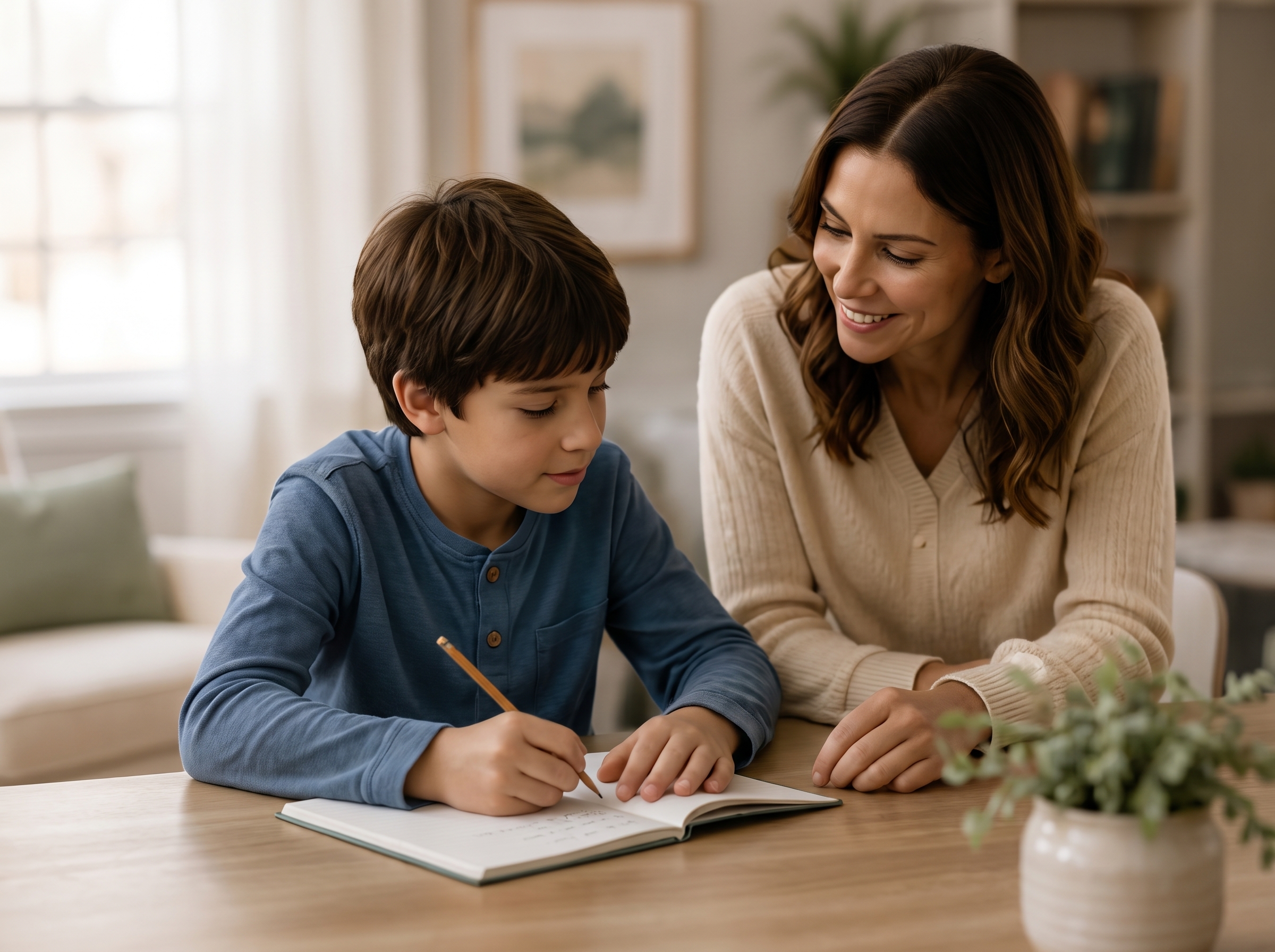 A mother helping her son with schoolwork